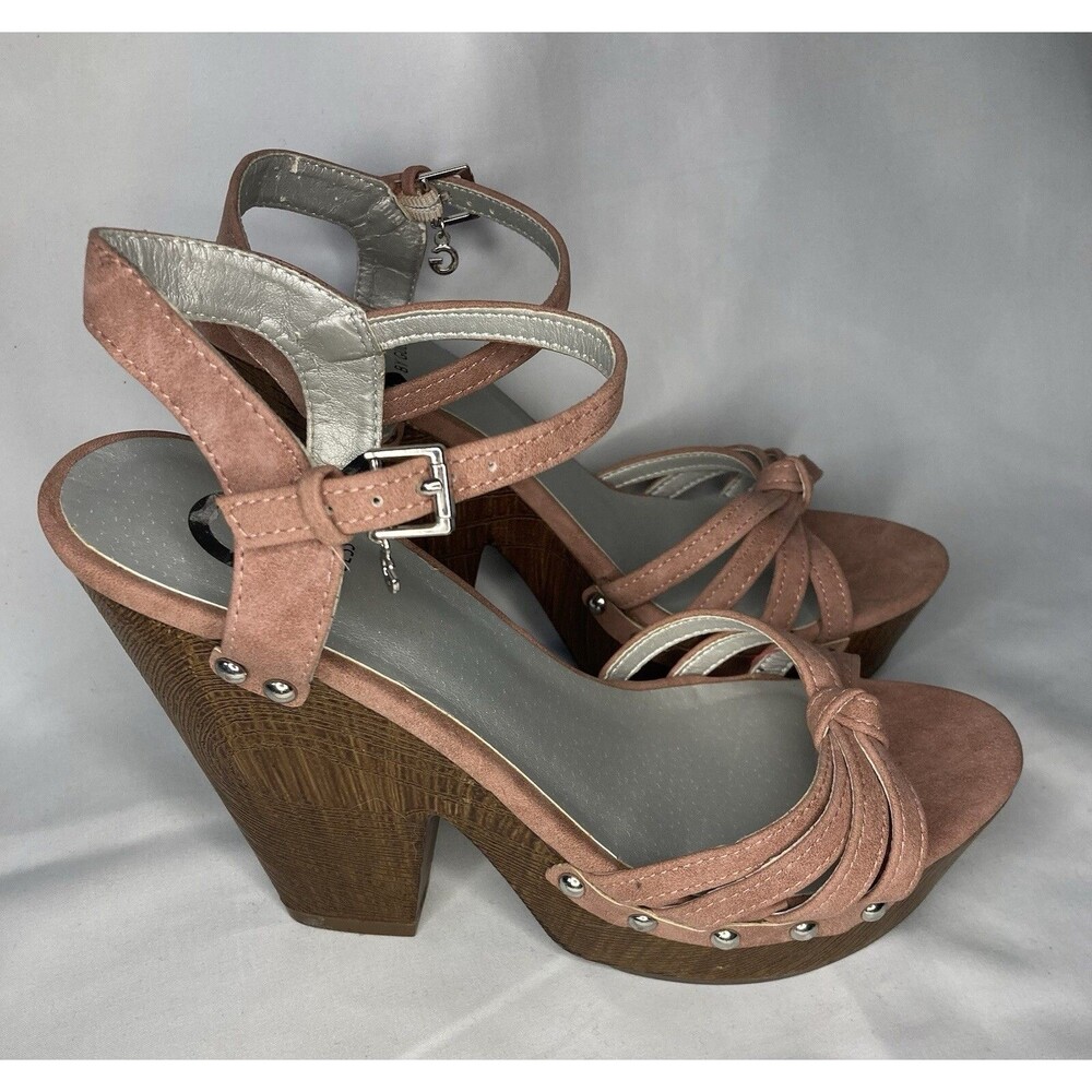 Guess Chunky Sandals 8M Open Toe Rose Blush Pink Suede Wooden 5” Heel Boho Fairy